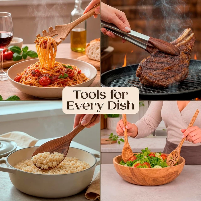 Alt view image 3 of 7 - Teak Wooden Utensil Set for Cooking - 8 Piece Teak Wooden Spoons Set