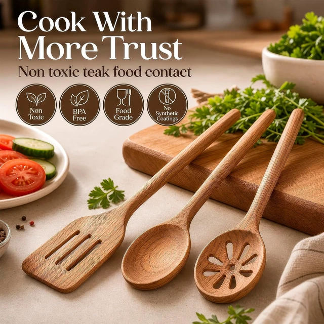 Alt view image 2 of 7 - Teak Wooden Utensil Set for Cooking - 8 Piece Teak Wooden Spoons Set