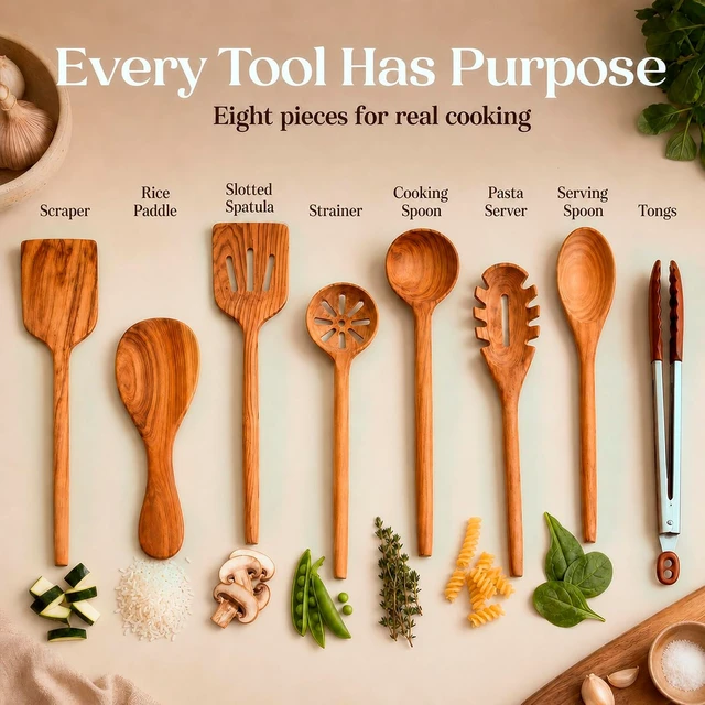 Alt view image 4 of 7 - Teak Wooden Utensil Set for Cooking - 8 Piece Teak Wooden Spoons Set