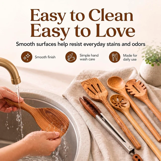 Alt view image 5 of 7 - Teak Wooden Utensil Set for Cooking - 8 Piece Teak Wooden Spoons Set
