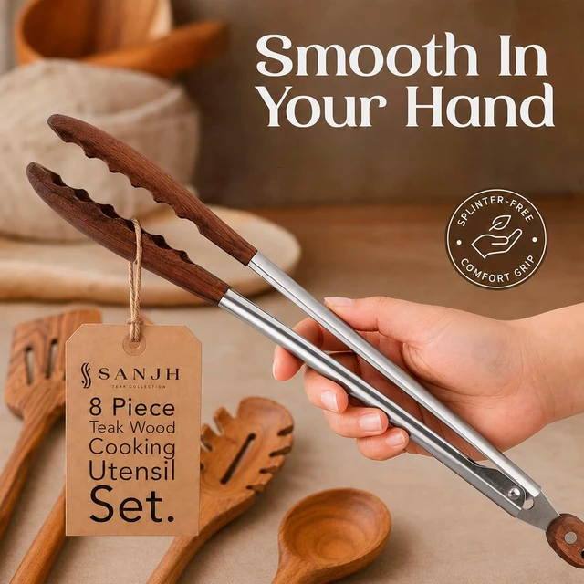 Alt view image 6 of 7 - Teak Wooden Utensil Set for Cooking - 8 Piece Teak Wooden Spoons Set
