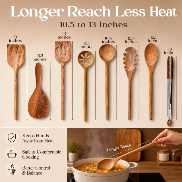Alt view image 7 of 7 - Teak Wooden Utensil Set for Cooking - 8 Piece Teak Wooden Spoons Set