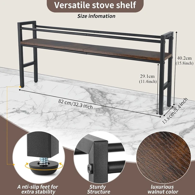 Alt view image 4 of 7 - Spice Rack Shelf for Kitchen Stove, Over the Stove Shelf with 4 Hooks Extra Storage Countertop, Rustic Wood & Solid Metal Commbined Stove Shelf for Storage Seasoning, Easy to Assemble