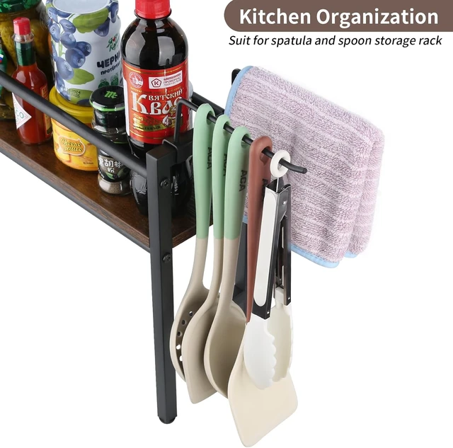 Alt view image 5 of 7 - Spice Rack Shelf for Kitchen Stove, Over the Stove Shelf with 4 Hooks Extra Storage Countertop, Rustic Wood & Solid Metal Commbined Stove Shelf for Storage Seasoning, Easy to Assemble