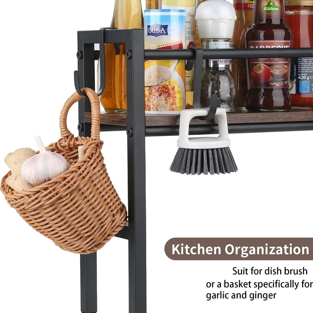 Alt view image 6 of 7 - Spice Rack Shelf for Kitchen Stove, Over the Stove Shelf with 4 Hooks Extra Storage Countertop, Rustic Wood & Solid Metal Commbined Stove Shelf for Storage Seasoning, Easy to Assemble