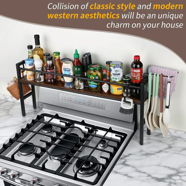 Alt view image 2 of 7 - Spice Rack Shelf for Kitchen Stove, Over the Stove Shelf with 4 Hooks Extra Storage Countertop, Rustic Wood & Solid Metal Commbined Stove Shelf for Storage Seasoning, Easy to Assemble