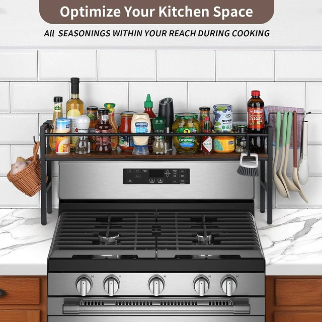 Alt view image 3 of 7 - Spice Rack Shelf for Kitchen Stove, Over the Stove Shelf with 4 Hooks Extra Storage Countertop, Rustic Wood & Solid Metal Commbined Stove Shelf for Storage Seasoning, Easy to Assemble