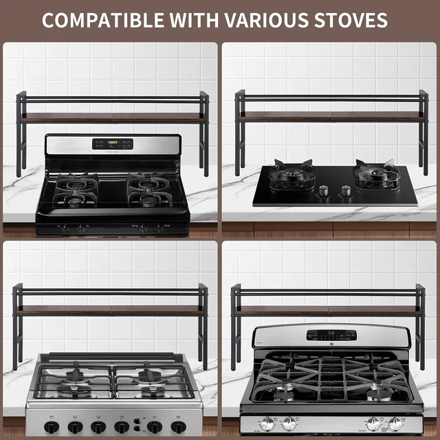 Alt view image 7 of 7 - Spice Rack Shelf for Kitchen Stove, Over the Stove Shelf with 4 Hooks Extra Storage Countertop, Rustic Wood & Solid Metal Commbined Stove Shelf for Storage Seasoning, Easy to Assemble