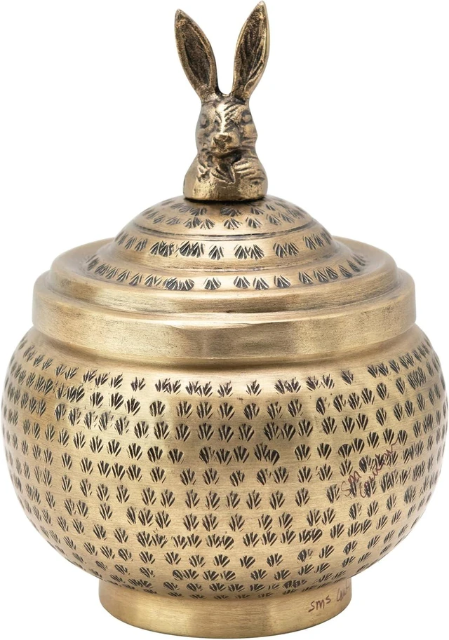 Main image of Round Hammered Metal Container with Rabbit Finial, Brass Finish