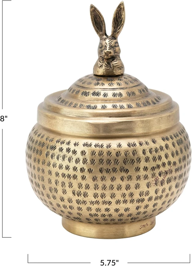 Alt view image 2 of 5 - Round Hammered Metal Container with Rabbit Finial, Brass Finish