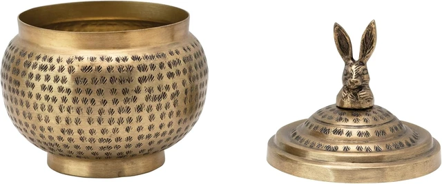 Alt view image 4 of 5 - Round Hammered Metal Container with Rabbit Finial, Brass Finish