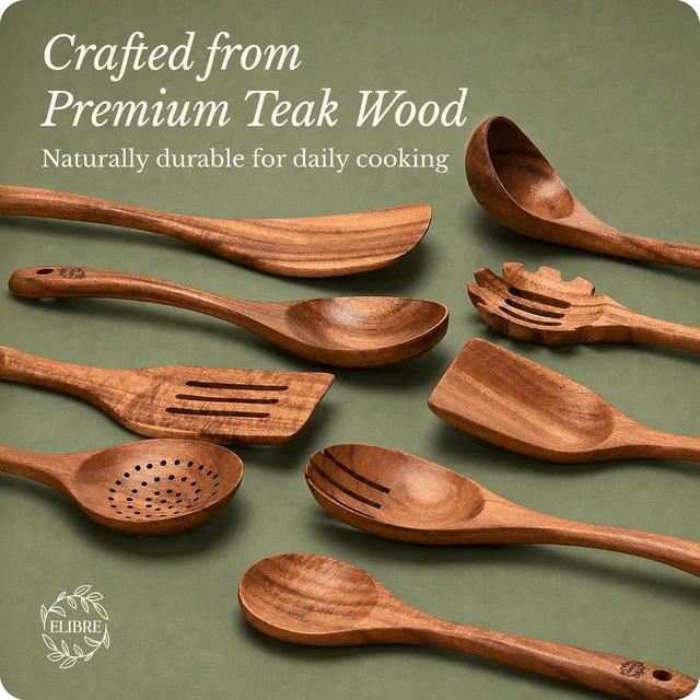 Alt view image 3 of 7 - 9-Piece Teak Wood Kitchen Utensil Set, Heat-Resistant, Food Grade