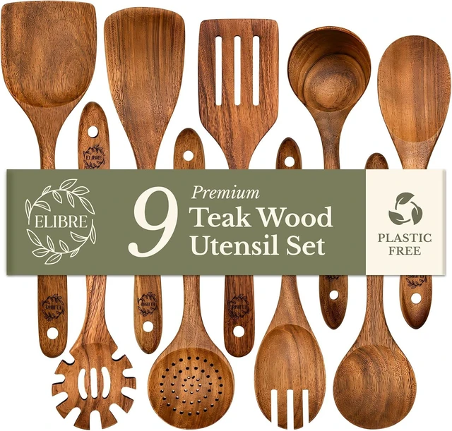 Main image of 9-Piece Teak Wood Kitchen Utensil Set, Heat-Resistant, Food Grade