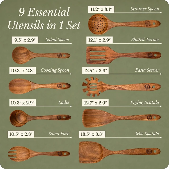 Alt view image 4 of 7 - 9-Piece Teak Wood Kitchen Utensil Set, Heat-Resistant, Food Grade