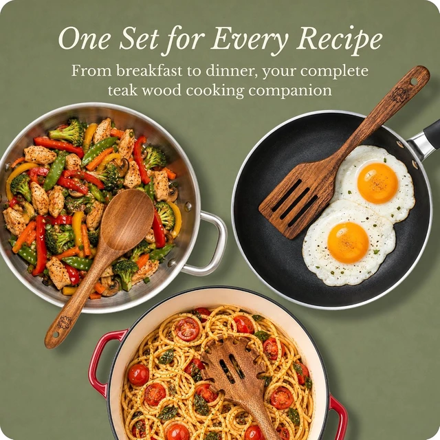 Alt view image 6 of 7 - 9-Piece Teak Wood Kitchen Utensil Set, Heat-Resistant, Food Grade
