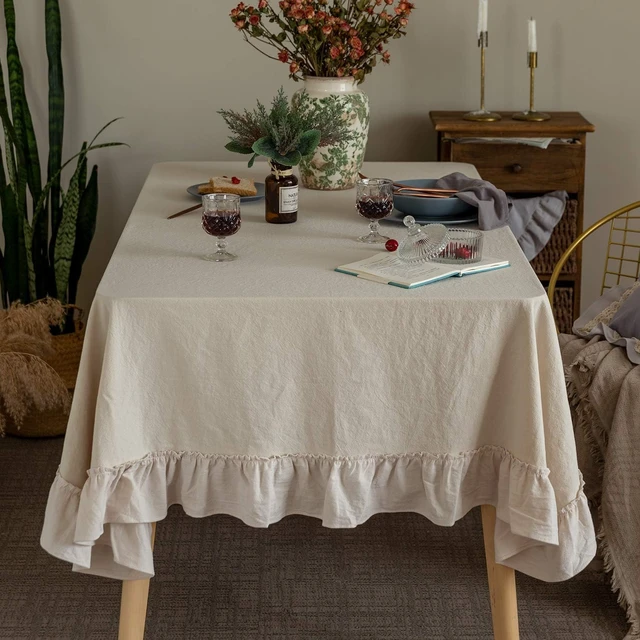 Alt view image 2 of 7 - Retro Farmhouse Ruffle Tablecloth Cotton Flounces Trim Washable Table Cover Tablecloths for Rectangle Table Baby Shower Kitchen Party Wedding Decor 60''x84''