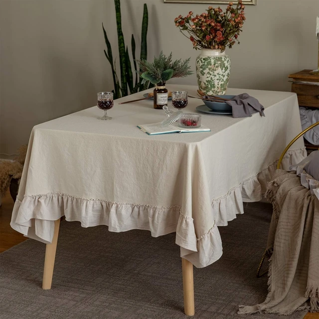 Alt view image 3 of 7 - Retro Farmhouse Ruffle Tablecloth Cotton Flounces Trim Washable Table Cover Tablecloths for Rectangle Table Baby Shower Kitchen Party Wedding Decor 60''x84''