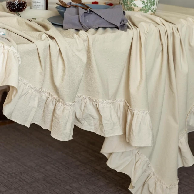 Alt view image 7 of 7 - Retro Farmhouse Ruffle Tablecloth Cotton Flounces Trim Washable Table Cover Tablecloths for Rectangle Table Baby Shower Kitchen Party Wedding Decor 60''x84''