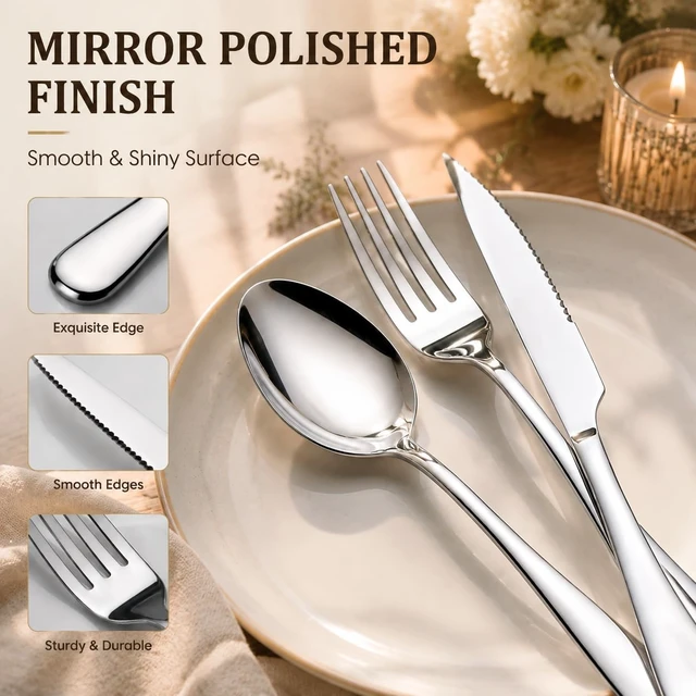 Alt view image 3 of 7 - 24-Piece Silverware Set with Steak Knives for 4, Forks Spoons Flatware Set