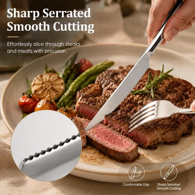 Alt view image 4 of 7 - 24-Piece Silverware Set with Steak Knives for 4, Forks Spoons Flatware Set