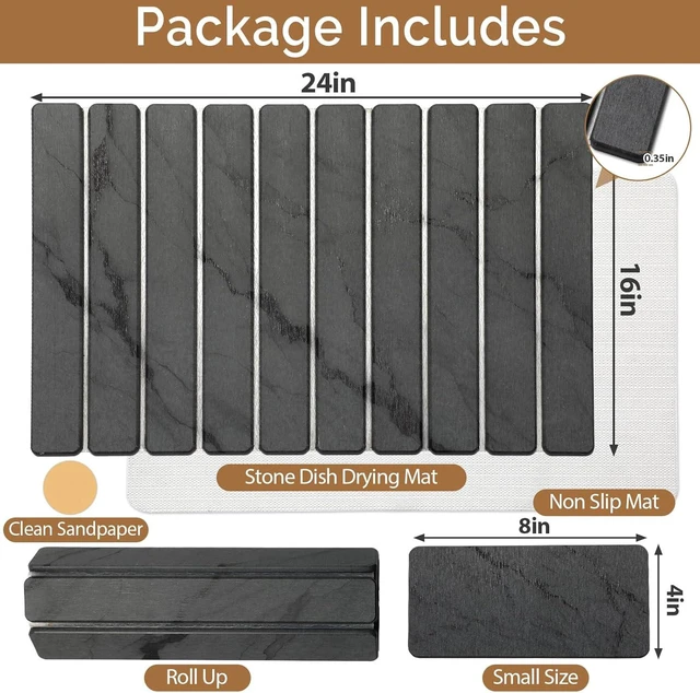 Alt view image 3 of 7 - Large Stone Dish Drying Mat for Kitchen Counter, Quick Dry Stone Dishes/Bath Mats,Foldable Water Absorbing Diatomaceous Earth Drying Organizer Pad for Plate Rack Bottles Utensils(Dark Gray 24"×16")
