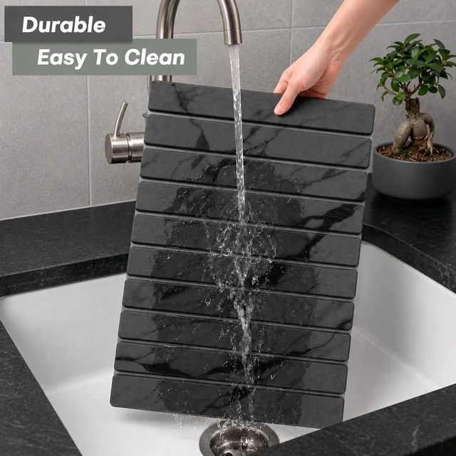 Alt view image 4 of 7 - Large Stone Dish Drying Mat for Kitchen Counter, Quick Dry Stone Dishes/Bath Mats,Foldable Water Absorbing Diatomaceous Earth Drying Organizer Pad for Plate Rack Bottles Utensils(Dark Gray 24"×16")