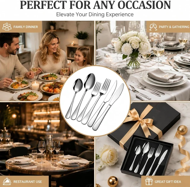 Alt view image 7 of 7 - 24-Piece Silverware Set with Steak Knives for 4, Forks Spoons Flatware Set