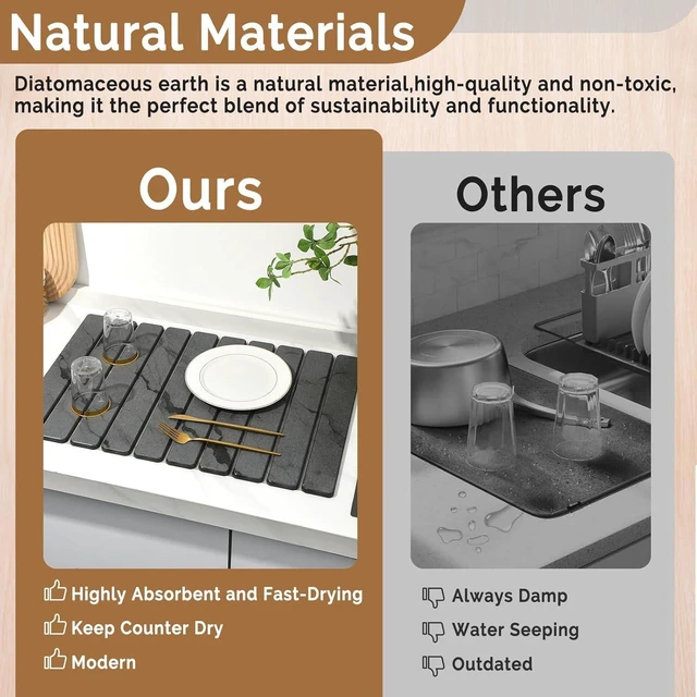 Alt view image 7 of 7 - Large Stone Dish Drying Mat for Kitchen Counter, Quick Dry Stone Dishes/Bath Mats,Foldable Water Absorbing Diatomaceous Earth Drying Organizer Pad for Plate Rack Bottles Utensils(Dark Gray 24"×16")