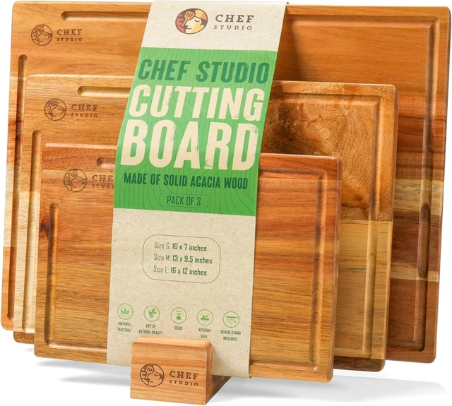Main image of Acacia Wood Cutting Board (Set of 3) Wooden Cutting Boards for Kitchen, Chopping and Serving, Non Plastic Bamboo Alternative, Hostess Gifts for Christmas, Thanksgiving, New Year