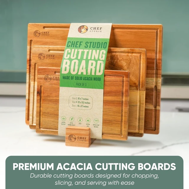 Alt view image 2 of 6 - Acacia Wood Cutting Board (Set of 3) Wooden Cutting Boards for Kitchen, Chopping and Serving, Non Plastic Bamboo Alternative, Hostess Gifts for Christmas, Thanksgiving, New Year
