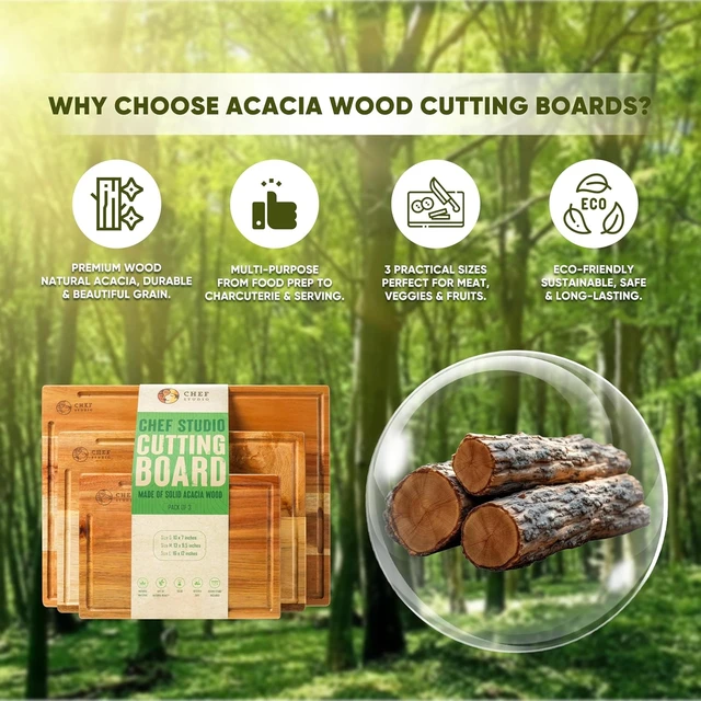 Alt view image 5 of 6 - Acacia Wood Cutting Board (Set of 3) Wooden Cutting Boards for Kitchen, Chopping and Serving, Non Plastic Bamboo Alternative, Hostess Gifts for Christmas, Thanksgiving, New Year