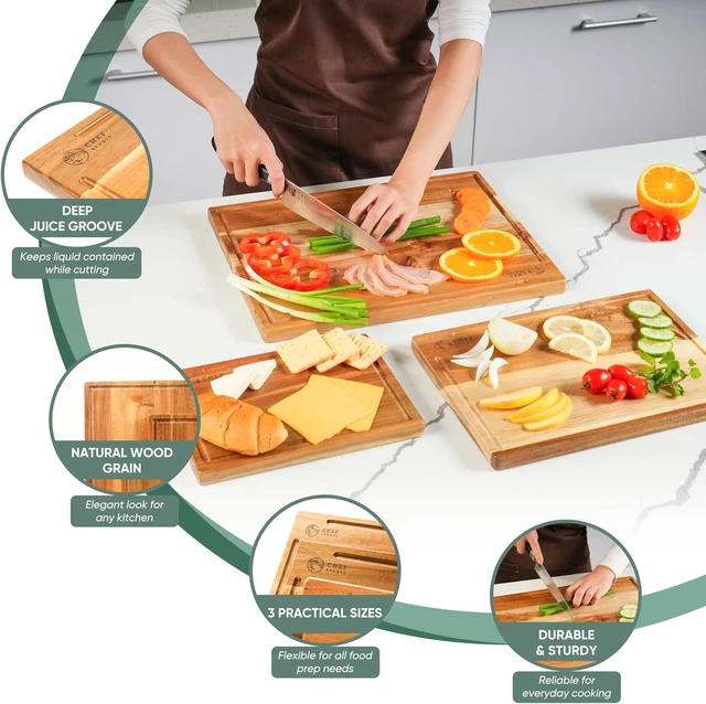 Alt view image 4 of 6 - Acacia Wood Cutting Board (Set of 3) Wooden Cutting Boards for Kitchen, Chopping and Serving, Non Plastic Bamboo Alternative, Hostess Gifts for Christmas, Thanksgiving, New Year