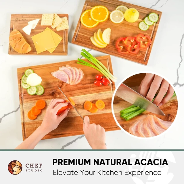 Alt view image 6 of 6 - Acacia Wood Cutting Board (Set of 3) Wooden Cutting Boards for Kitchen, Chopping and Serving, Non Plastic Bamboo Alternative, Hostess Gifts for Christmas, Thanksgiving, New Year