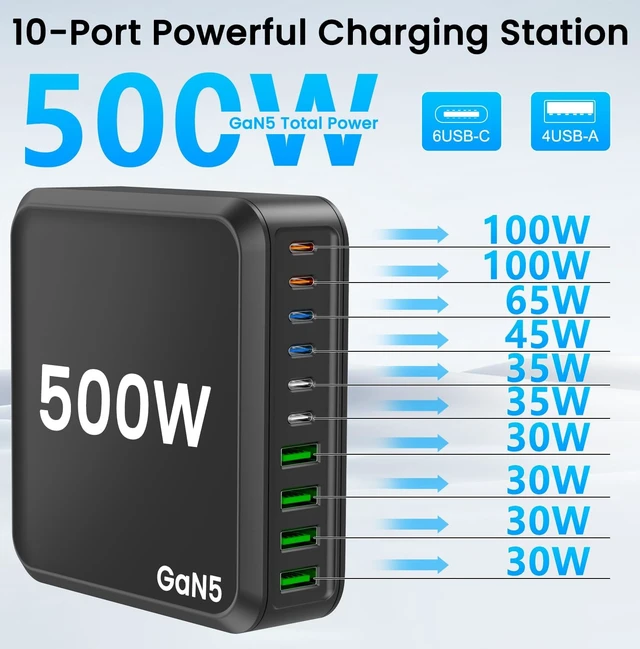 Alt view image 2 of 7 - USB C Charging Station, 500W USB C Charger Block 10 Port Fast Charger 100W PD USB-C Charging Station Hub for MacBook Pro/Air/iPad Pro/iPhone 17e/17/16/15/14/13/Pro Max/ Galaxy Note (Black)