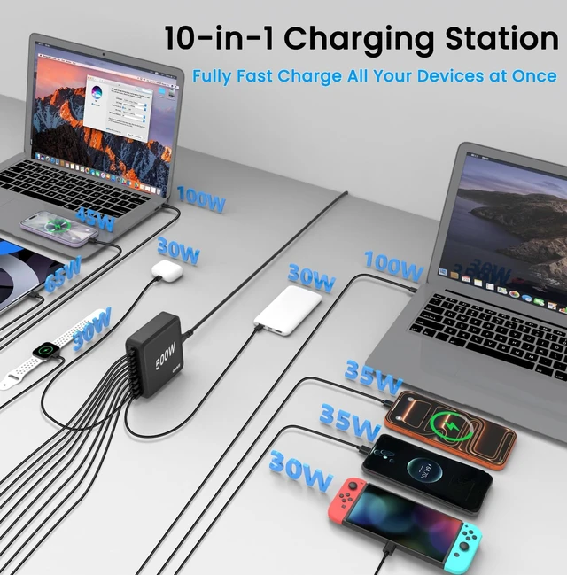 Alt view image 4 of 7 - USB C Charging Station, 500W USB C Charger Block 10 Port Fast Charger 100W PD USB-C Charging Station Hub for MacBook Pro/Air/iPad Pro/iPhone 17e/17/16/15/14/13/Pro Max/ Galaxy Note (Black)