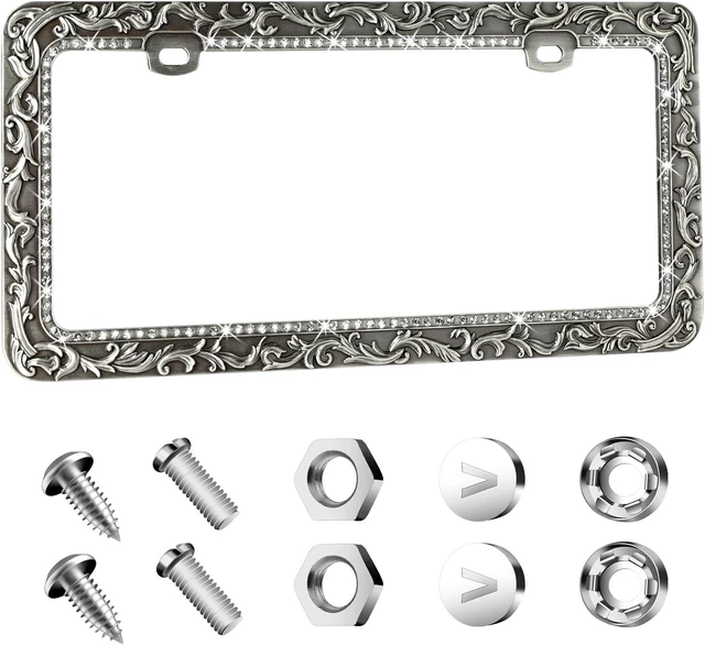 Main image of Metal Car License Plate Frames,Antique Old Pattern Printing, Bling Crystal Rhinestones Inlaid,Universal 2 Holes Automotive Replacement Parts Plate Holder(1 Pack)