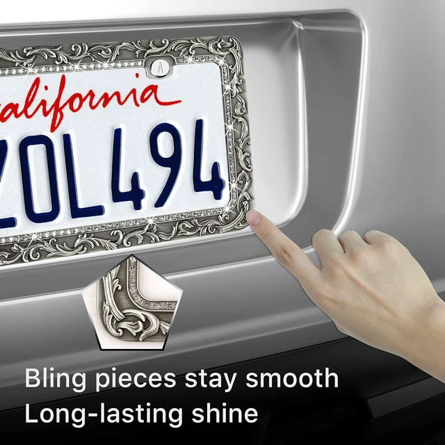 Alt view image 4 of 6 - Metal Car License Plate Frames,Antique Old Pattern Printing, Bling Crystal Rhinestones Inlaid,Universal 2 Holes Automotive Replacement Parts Plate Holder(1 Pack)
