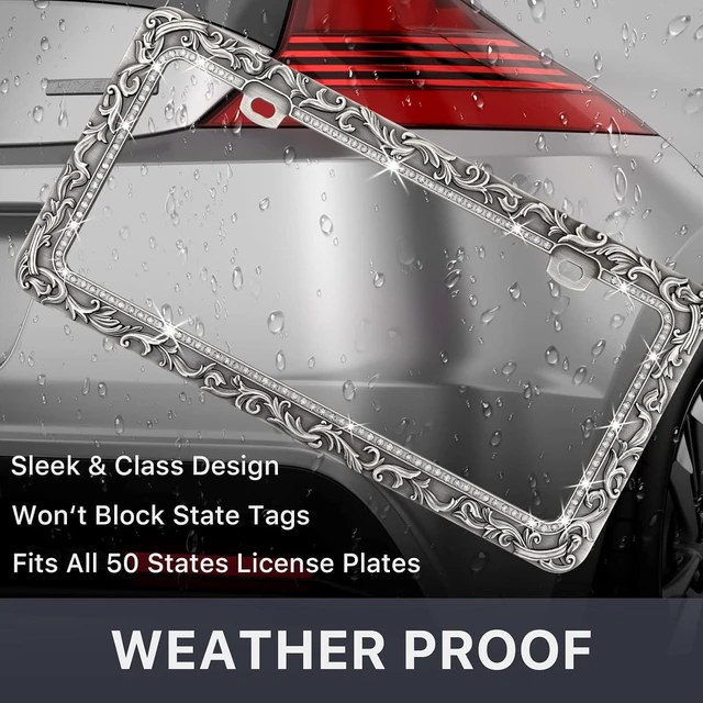 Alt view image 3 of 6 - Metal Car License Plate Frames,Antique Old Pattern Printing, Bling Crystal Rhinestones Inlaid,Universal 2 Holes Automotive Replacement Parts Plate Holder(1 Pack)