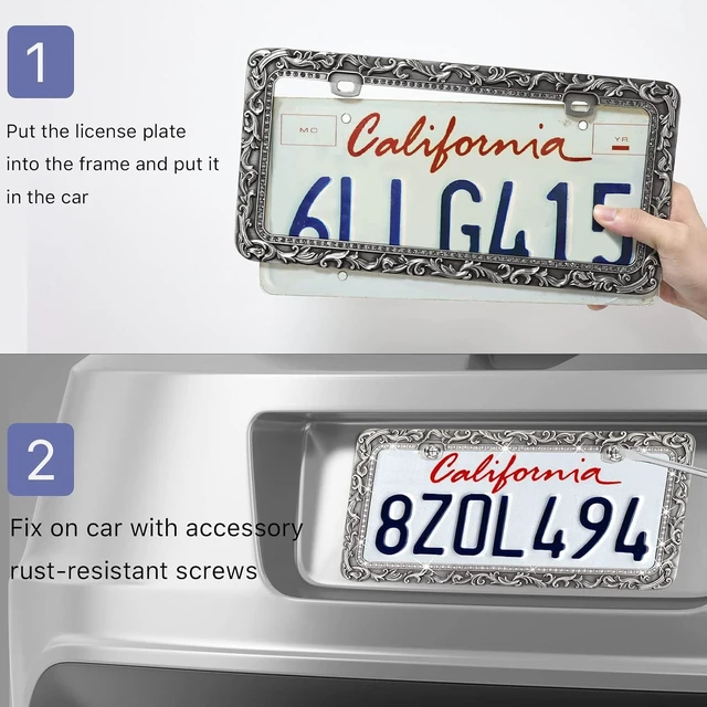 Alt view image 6 of 6 - Metal Car License Plate Frames,Antique Old Pattern Printing, Bling Crystal Rhinestones Inlaid,Universal 2 Holes Automotive Replacement Parts Plate Holder(1 Pack)