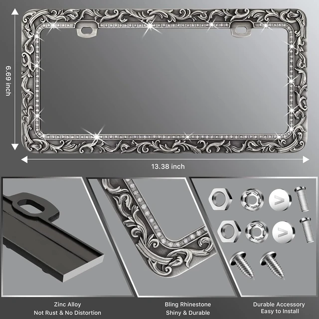 Alt view image 5 of 6 - Metal Car License Plate Frames,Antique Old Pattern Printing, Bling Crystal Rhinestones Inlaid,Universal 2 Holes Automotive Replacement Parts Plate Holder(1 Pack)