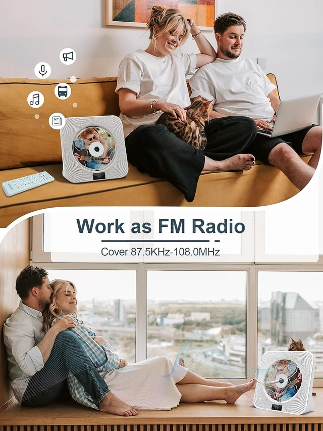 Alt view image 5 of 7 - Desktop CD Player Portable with Bluetooth - CD Players for Home with HiFi Speakers, FM Radio, Remote Control, LED Screen Display, Support CD/Bluetooth/USB/AUX, White CD Player for Gift