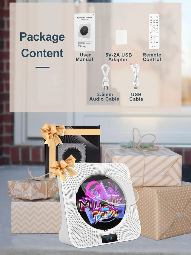 Alt view image 7 of 7 - Desktop CD Player Portable with Bluetooth - CD Players for Home with HiFi Speakers, FM Radio, Remote Control, LED Screen Display, Support CD/Bluetooth/USB/AUX, White CD Player for Gift