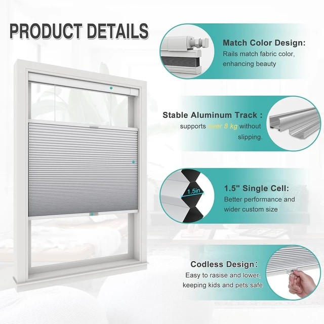 Alt view image 5 of 7 - No Drill Custom Top Down Bottom Up Cellular Shades, No Tools Custom Blackout Window Shades for Home,Thermal Insulation Room Darkening Honeycomb Blinds for Bedroom,Office,Living Room