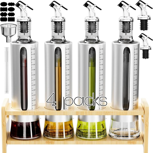 Main image of Oil Dispenser Bottle, 4 Pack Glass Olive Oil Dispenser Bottle with Shelf, 17oz/500 ml Oil and Vinegar Dispenser Set Wrapped in Stainless Steel Shell with Pourers, Funnel & Pen and Tags