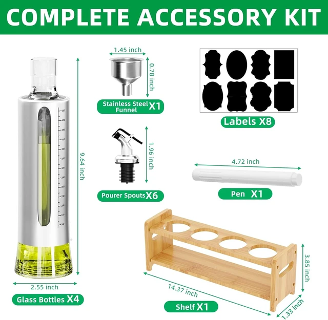 Alt view image 2 of 7 - Oil Dispenser Bottle, 4 Pack Glass Olive Oil Dispenser Bottle with Shelf, 17oz/500 ml Oil and Vinegar Dispenser Set Wrapped in Stainless Steel Shell with Pourers, Funnel & Pen and Tags