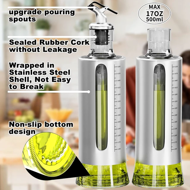 Alt view image 3 of 7 - Oil Dispenser Bottle, 4 Pack Glass Olive Oil Dispenser Bottle with Shelf, 17oz/500 ml Oil and Vinegar Dispenser Set Wrapped in Stainless Steel Shell with Pourers, Funnel & Pen and Tags
