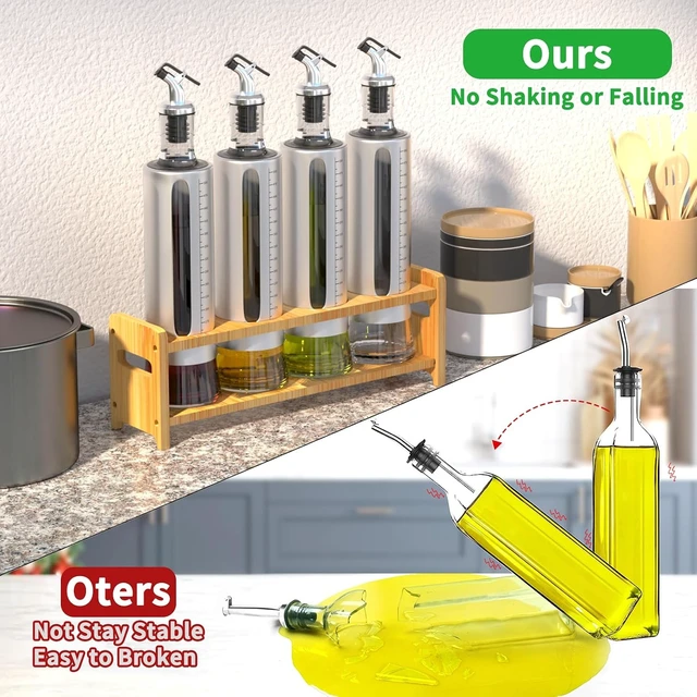 Alt view image 4 of 7 - Oil Dispenser Bottle, 4 Pack Glass Olive Oil Dispenser Bottle with Shelf, 17oz/500 ml Oil and Vinegar Dispenser Set Wrapped in Stainless Steel Shell with Pourers, Funnel & Pen and Tags
