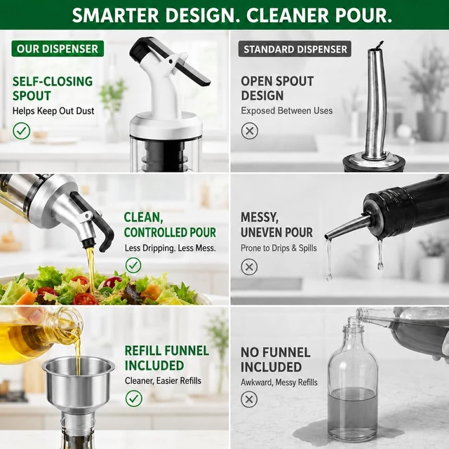 Alt view image 5 of 7 - Oil Dispenser Bottle, 4 Pack Glass Olive Oil Dispenser Bottle with Shelf, 17oz/500 ml Oil and Vinegar Dispenser Set Wrapped in Stainless Steel Shell with Pourers, Funnel & Pen and Tags