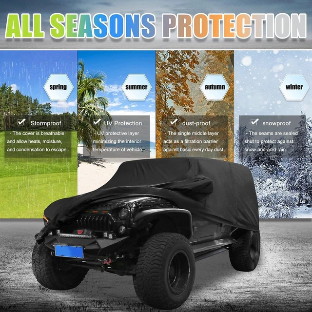 Alt view image 3 of 7 - Car Cover for Jeep Wrangler JK JL YJ TJ 4 Door 2007-2021 Outdoor Waterproof Sun Rain Dust Wind Snow Protection w/Driver Door Zipper Black
