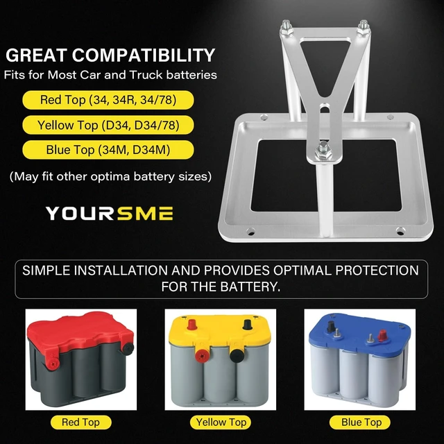Alt view image 2 of 7 - Universal Battery Tray Hold Down Trunk Relocation Box - Billet Aluminum Battery Mount Compatible with Optima Race Racing Mount Red/Yellow/Blue Top 34, 34/78, D34, D34/78, 34M, D34M